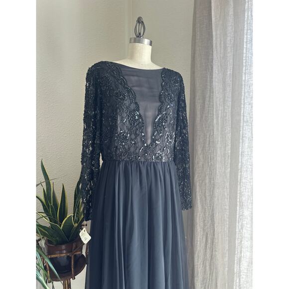 Jack Bryan Women's L Dress Black Beaded Lace Overlay Chiffon Party Sheer Bodice - Picture 1 of 5